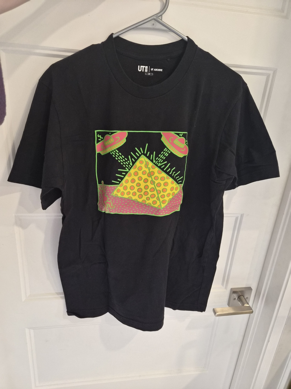 Uniqlo Black Graphic Tee with Neon Green, Pink & Yellow Pyramid Print